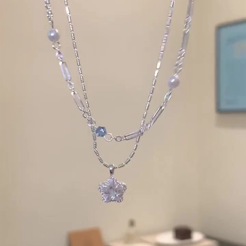 Collana Con Ciondolo A Stella A Doppio Strato Zircone Künstliche Perle Artificiali Perline Lega Catena Da Clavicola Per Donna