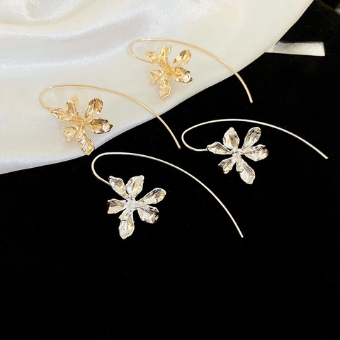 Flower Drop Earrings Retro Metallic Textured Iris Floral Long Hook Elegant Jewelry For Women With Silver Earring Post