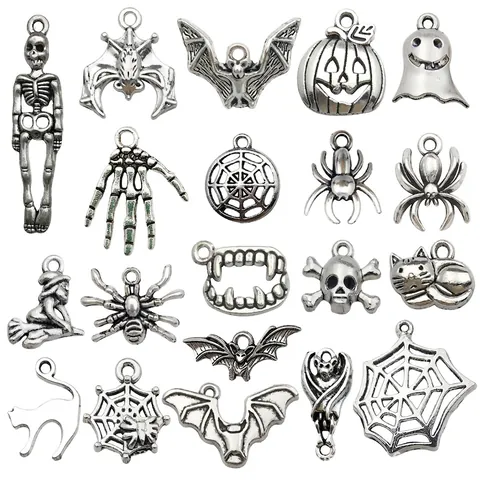 Dijes Halloween Aleación Zinc Calavera Murciélago Calabaza Araña Fantasma Para Fabricación Joyas DIY Accesorios Estilo Antiguo
