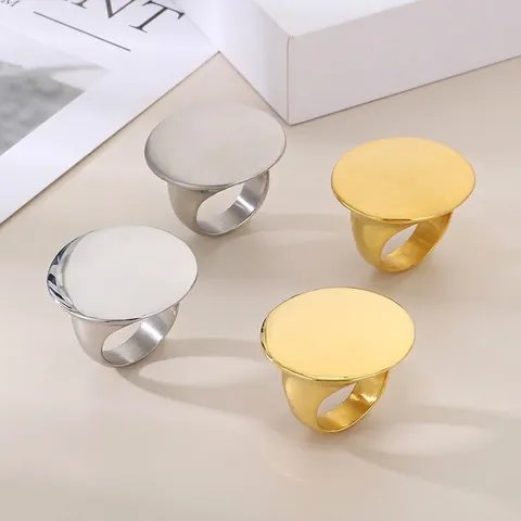 Anillo Plano Ovalado Redondo Grande Minimalista Acero Inoxidable 316L Elegante Pulido Cepillado Joyería Para Mujer