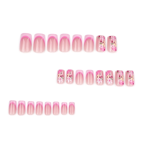 Künstliche Fingernägel Rosa French Tip Quadratisch Blumen Kirsche Muster ABS Glänzend Kurz Damen Mode