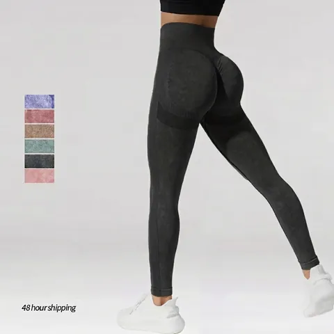 Yoga Hose Damen Hohe Taille Nahtlos Strick Scrunch Butt Acid Wash Bauchkontrolle Workout Gym Leggings