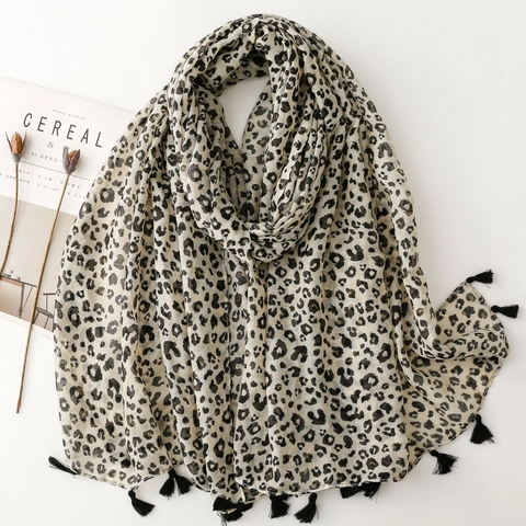 Leopard Muster Schal Für Damen Leichter Polyester Voile Schal Mit Quasten Böhmischer Urlaubsstil Weiche Halsbekleidung