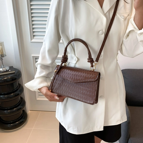 Women Minimalist Pleated PU Leather Small Square Bag Korean Style Shoulder Crossbody Handbag With Top Handle Daily Fashion Purse
