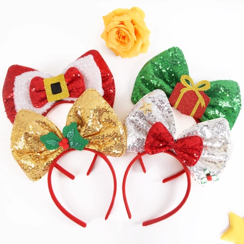 Cerchietto Natalizio con Grande Fiocco di Paillettes Accessorio per Capelli in Tessuto PET per Bambini Ragazze Decorazione di Natale