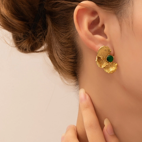 Flower Petal Stud Earrings Vintage Pleated Titanium Steel Zircon Inlaid Elegant Retro Jewelry For Women