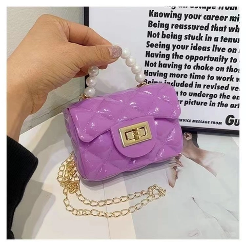 Girls Mini Jelly Bag Quilted Diamond Pattern Artificial Pearl Handle Gold Chain Crossbody Shoulder Handbag Kids Cute Fashion