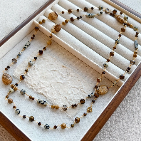 Lange Perlenkette Gold Vergoldetes Kupfer Mit Naturstein Jaspis Perlen Vintage Ethno Stil Schmuck Für Damen