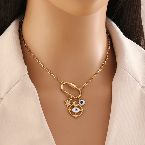 Stainless Steel Pendant Necklace Star Moon Evil Eye Seahorse Charms Carabiner Link Gold Plated Jewelry For Women