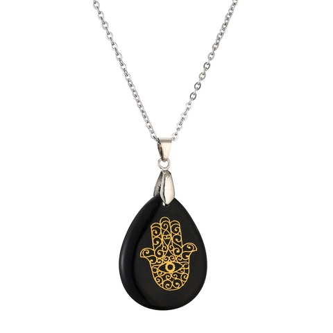 Collar Colgante Mano De Hamsa Piedras Naturales Cadena De Acero Inoxidable Forma Gota De Agua Fátima Ojo Turco Joyería