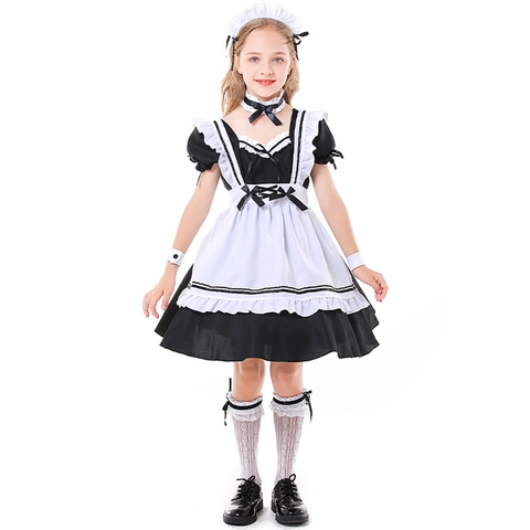 Costume Da Cameriera Per Ragazze Vestito Grembiule Fascia Girocollo Polsini Calze Nero Bianco Poliestere Per Bambini Cosplay
