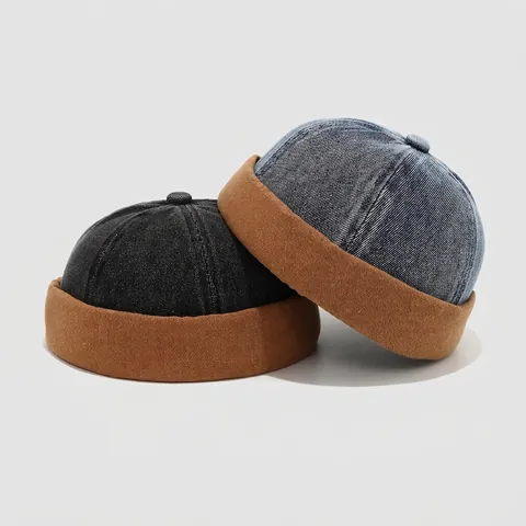 Kids Cotton Denim Miki Hat Brimless Docker Cap Patchwork Retro Hip Hop Streetwear Adjustable Sailor Hat