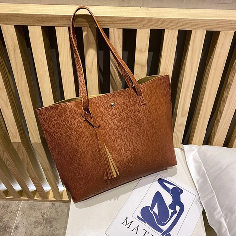 Women Large Capacity Pebbled PU Leather Tote Bag Minimalist Shoulder Handbag With Tassel For Daily Work Travel Shopping