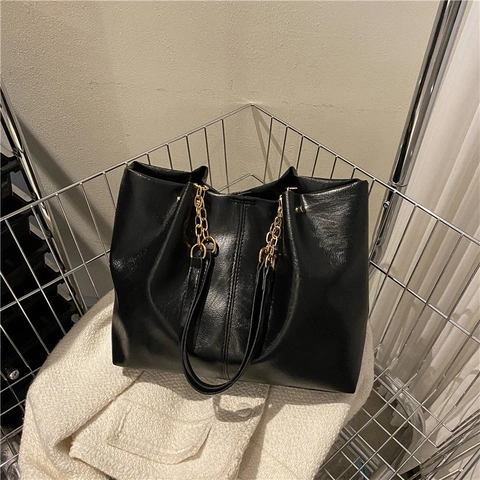 Sac Cabas Grande Capacité Cuir PU Chaîne Dorée Sac À Main Rétro Élégant Minimaliste Femmes