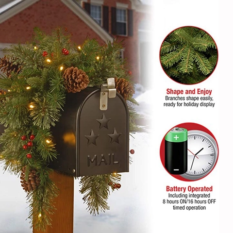Christmas Mailbox Swag Garland With Pre-lit Led Lights Pinecones Red Berries Battery Operated Holiday Outdoor Home Decoration