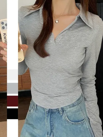 Damen T-Shirt Mit Raffung Langarm V-Ausschnitt Revers Schlanke Passform Polyester Elasthan Strick Lässig Oberteil