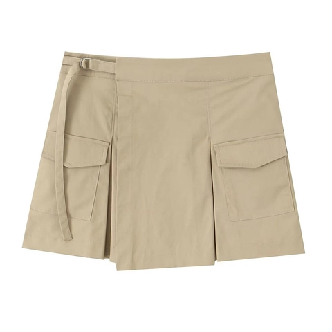 Women Cargo Skort High Waist Pleated Mini Skirt With Pockets And D-Ring Belt Polyester Solid Color Streetwear