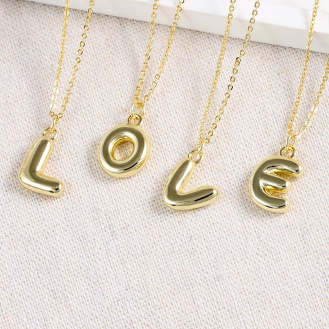 Initial Letter Necklace 18K Gold Plated Copper Balloon Puff Style Minimalist Chic Women Jewelry