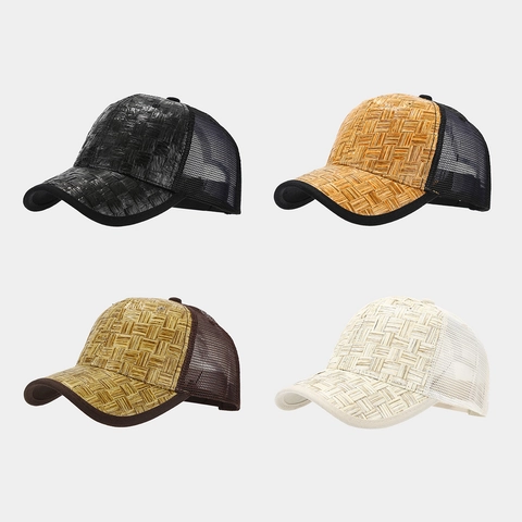 Stro Geweven Trucker Hoed Ademende Mesh Honkbalpet Zonbescherming Verstelbaar Unisex Casual