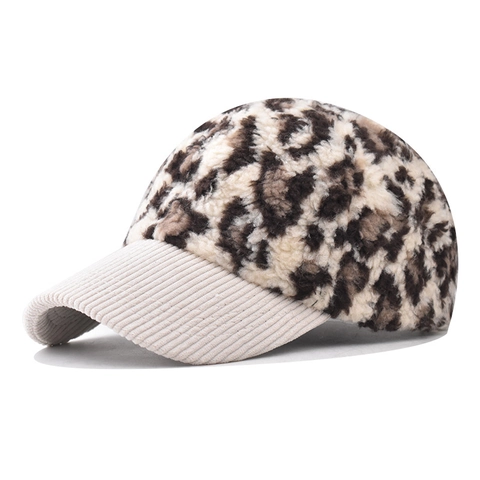 Leopard Print Faux Fur Baseball Cap With Corduroy Brim Winter Warm Outdoor Fashion Hat For Women