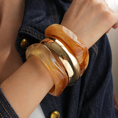 Chunky Bangle Bracelet Acrylic Resin Marble Amber Pattern Geometric Irregular Metal Iron Gold Retro Fashion Women