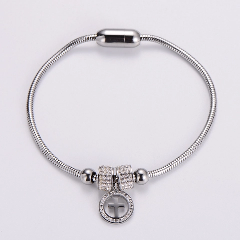 Bracciale A Catena Di Serpente In Acciaio Inossidabile 304 Con Ciondolo A Croce Rotonda Strass Chiusura Magnetica Moda