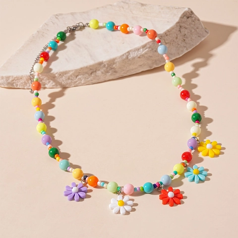 Collar De Cuentas De Acrílico Colorido Con Colgantes De Margarita De Resina Joyería Bohemia Dulce Playa De Verano Para Mujer