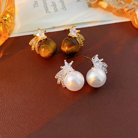 Pendientes Estrella Ojo De Tigre Perla Artificial Con Circón Y Poste De Plata Chapado En Oro Joyería Retro De Lujo Para Mujeres