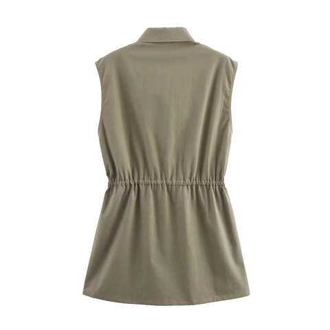 Robe Mini Cargo Sans Manches Pour Femmes Khaki Twill Lavé Col Chemise Simple Boutonnage Poches À Rabat