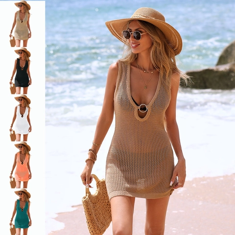 Hollow Out Crochet Beach Cover-up Dress Deep V-Neck Knit Sleeveless Summer Vacation Swimsuit Mini Coverup Acrylic