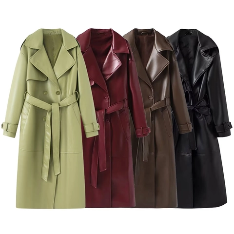 Trench-Coat Long En Similicuir Pour Femme Double Boutonnage Avec Ceinture Col Revers Veste PU Mode