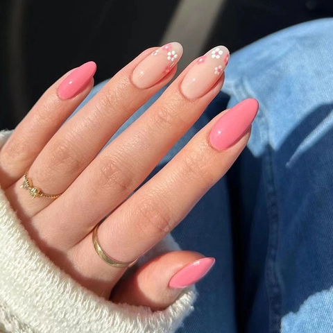 Roze Witte Florale Kunstnagels Ovaal Glanzende Plaknagels Voor Vrouwen Dagelijks Gebruik Verwijderbare Manicure Zoete Stijl