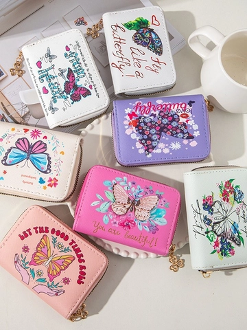 Butterfly Print PU Leather Mini Wallet For Women Clover Zipper Pull Accordion Card Holder Small Coin Purse