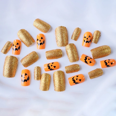 Unghie Finte Halloween Arancione Viso Zucca Glitter Oro Quadrate Medie Unghie In ABS Per Donne