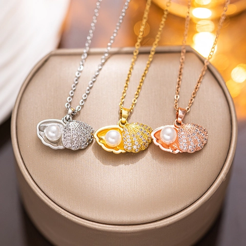 Muschel Anhänger Halskette Edelstahl Mit Künstlicher Künstliche Perle Und Strass Eleganter Ozean Thema Mode Schmuck Für Damen