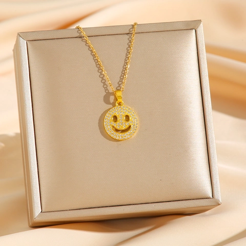 Smiley Gesicht Anhänger Halskette Edelstahl Mit Strass Hip Hop Personalisierter Modeschmuck Für Damen
