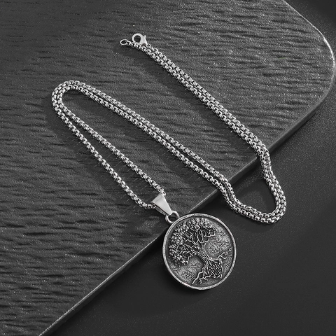 Collar Con Colgante Árbol De La Vida Vikingo Vintage Nórdico Medallón Redondo Joyería De Acero De Titanio Para Hombres Mujeres