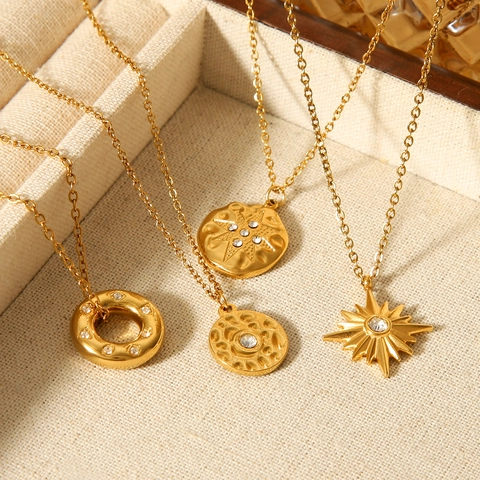 Stainless Steel Necklace 18K Gold Plated Hammered Round Disc Starburst Pendant Rhinestone Elegant Jewelry For Women
