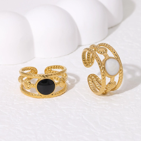 Vintage French Style 18K Gold Plated Stainless Steel Open Ring Triple Layer Twist Adjustable Shell Enamel For Women