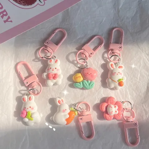 Llavero Conejo Lindo Resina Flor Zanahoria Colgante Para Mochila Adorno De Bolso Rosa Dulce Regalo Niña
