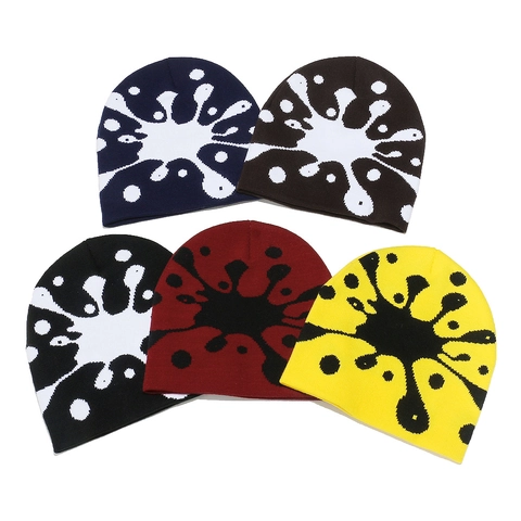 Splatter Pattern Knit Beanie Hat Acrylic Warm Winter Windproof Streetwear Hip Hop Pull-over Skull Cap For Men Women