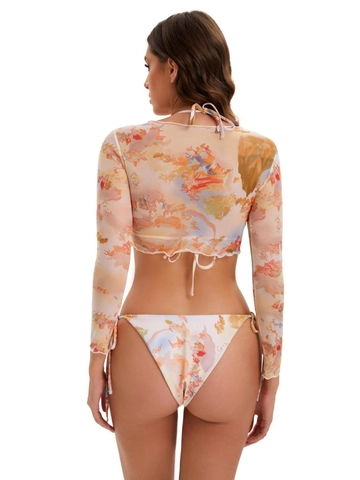 Bikini Da Donna Con Stampa Floreale E Copricostume In Rete A Maniche Lunghe Costume Da Bagno In Poliestere