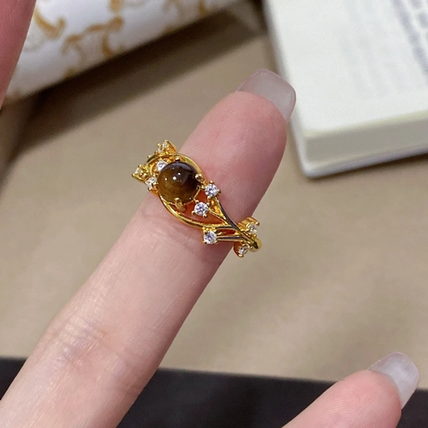 Anillo Abierto Estilo Maillard Retro Cobre Chapado En Oro Real Piedra Ojo De Tigre Redonda Circón Blanco Ajustable Mujer Lujo