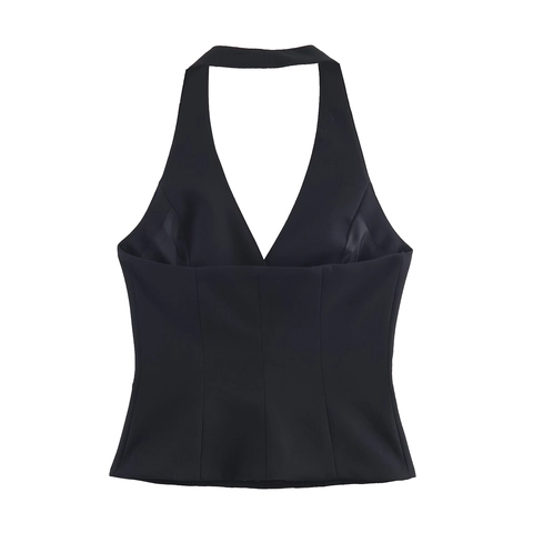 Dames Halster Nek Vest Top Double Breasted Mouwloos Vest Rugloos Slim Fit Satijn Zak Elegant