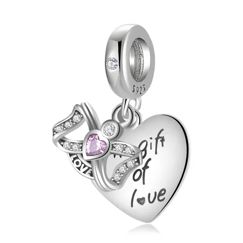 925 Sterling Silver Heart Charm Pendant With Pink Zirconia Bow Gift Of Love DIY Jewelry Accessories For Bracelet Necklace