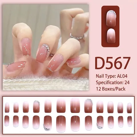 Glanzende Kunstnagels Gradiënt Nude Bruin Strass Amandelvorm Kunstnagels Met Lijm Manicure Tool