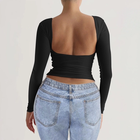 Knitted Backless Women T-Shirt Round Neck Long Sleeve Slim Fit Y2K Solid Color Polyester Top