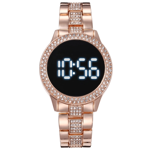 Fashion Alloy Rhinestone Digital Watch Round Dial LED Electronic Watch With Metal Strap Casual Jewelry Watch For Men Women