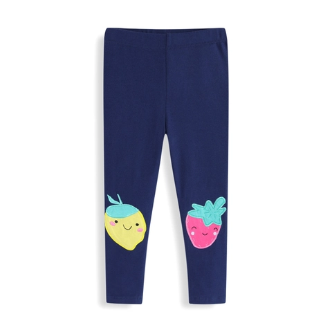 Leggings In Cotone Per Ragazze Pantaloni Elastici Blu Navy Con Applicazioni Di Frutta Fragola Limone Sulle Ginocchia