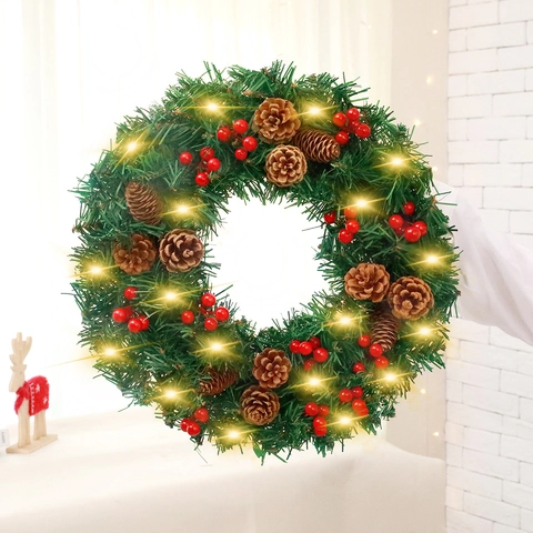 Corona De Navidad Con Luces LED Piñas Bayas Rojas Para Puerta Principal Decoración Del Hogar Navideña Agujas De Pino De PVC Artificiales